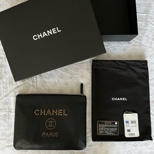 Chanel O Case Pouch Clutch Black Gold Metal
